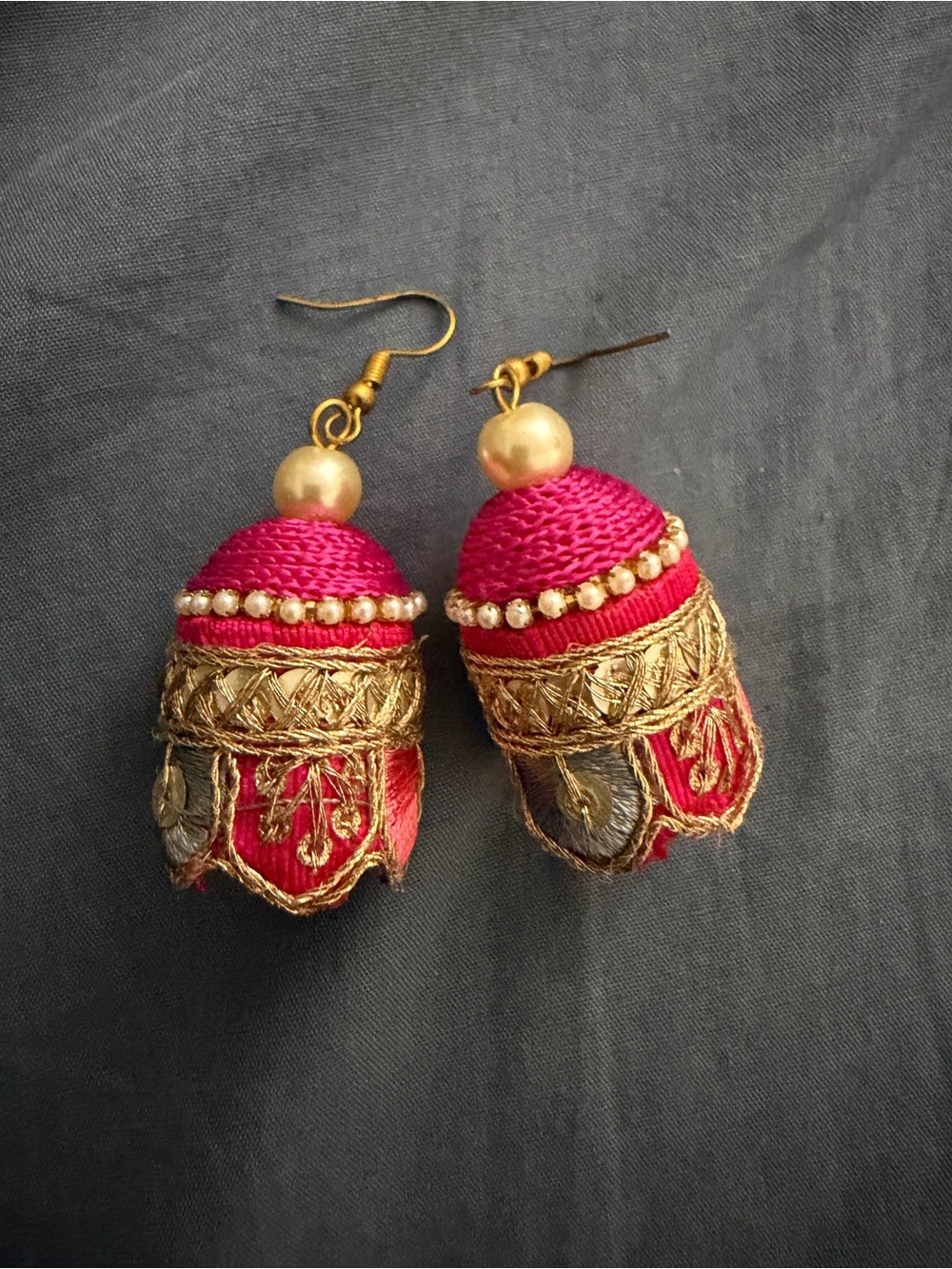 Handcrafted Pink and Gold Jhumka Earrings